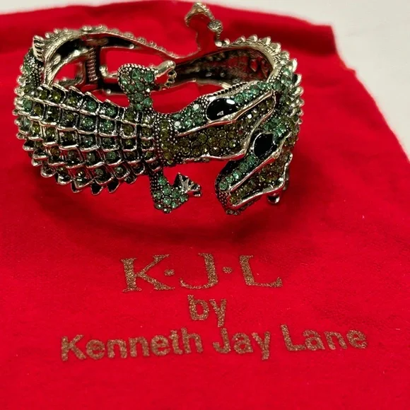 Vintage Kenneth Jay Lane Green Crystal Alligator Reptile Bracelet - Picture 3 of 7